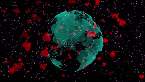 hearts background, valentine day falling red heart with globe simulation black backdrop. saint valentines greeting card motion design with love around the world concept.