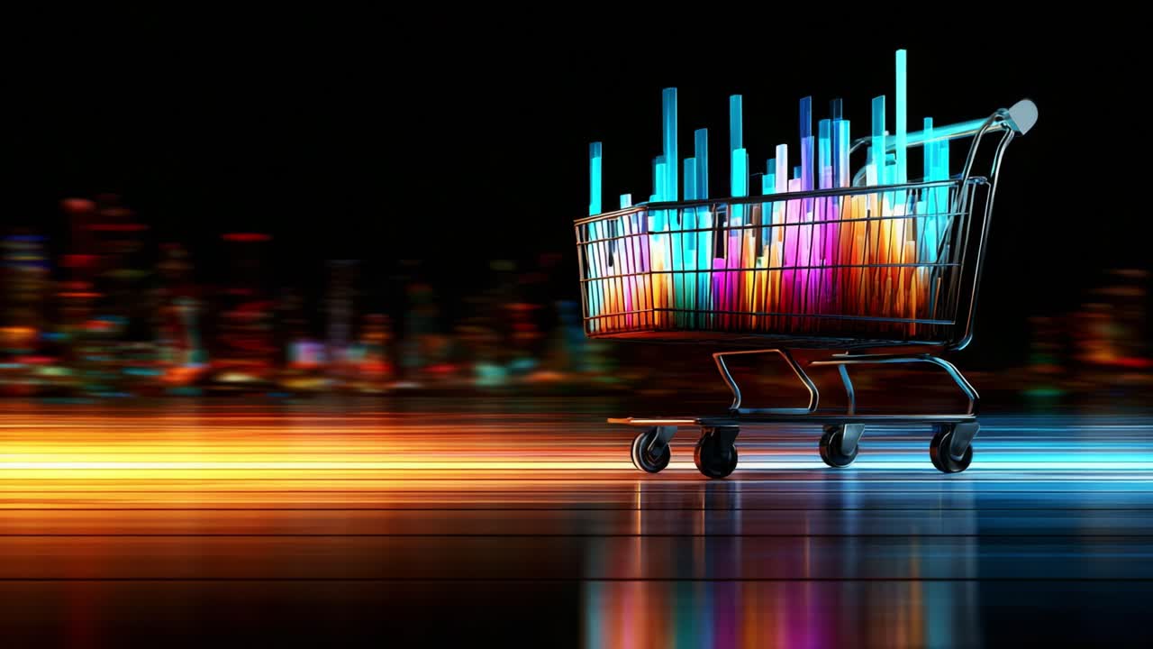 Dynamic Shopping Cart Concept Featuring Colorful Data Visualizations against a Dark Background, Symbolizing E-Commerce Growth and Digital Analytics in Retail Environments