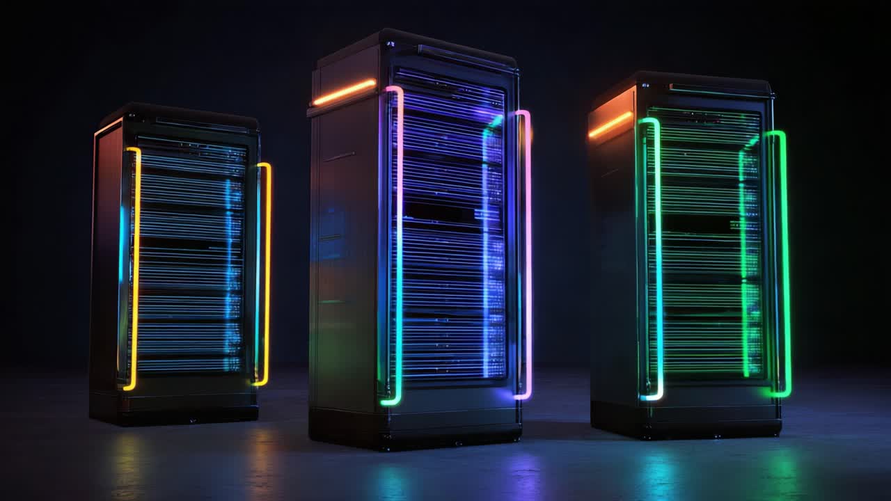 Three modern computer servers emitting vibrant neon lights, showcasing cutting-edge technology and design in a dark environment, highlighting their sleek structure and aesthetic appeal