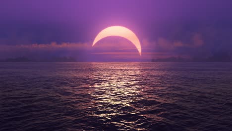 purple sunset and solar eclipse over seamlessly looped ocean.