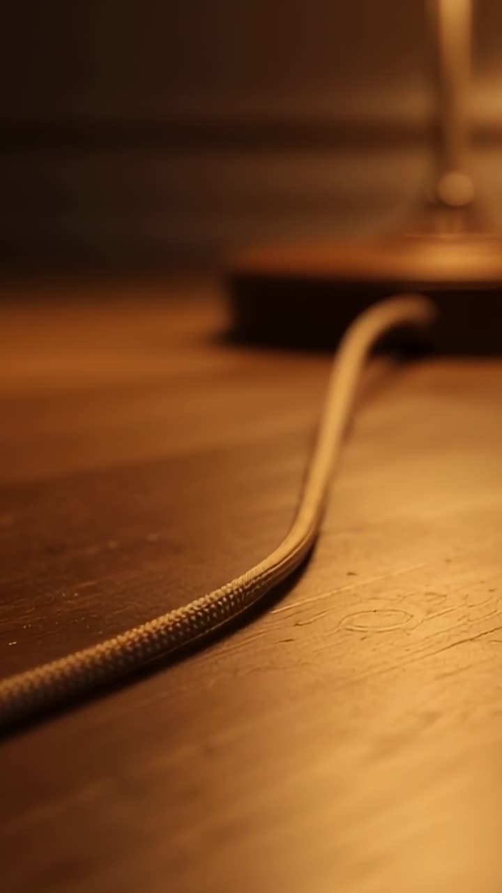 Video verticale: la telecamera si allontana rivelando un cavo intrecciato su un tavolo di legno, con una lampada che riscalda le venature del legno.