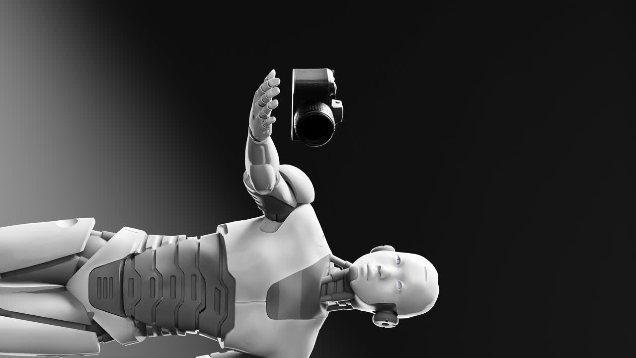 prototipo de robot cibernético humanoide prototipo sosteniendo una cámara digital de fotografía, inteligencia artificial en el campo artístico 3d renderización de animación vertical en fondo gris negro