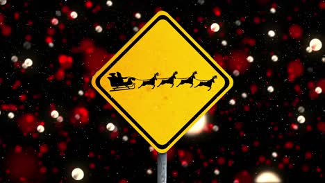 Animation-Des-Weihnachtsmanns-Im-Schlitten,-Der-Von-Rentieren-Auf-Einem-Schild-Vor-Roten-Lichtflecken-Gezogen-Wird