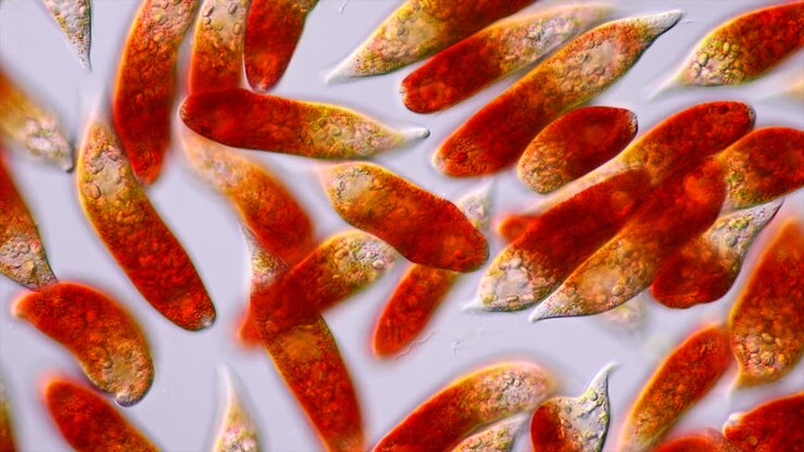 Microscopic organisms with red pigments