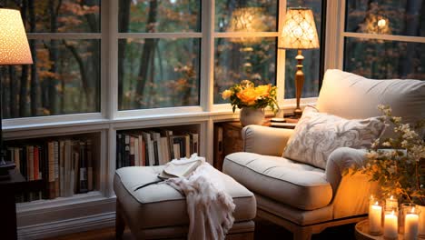 cozy reading nook with candles and flowers during autumn evening glow