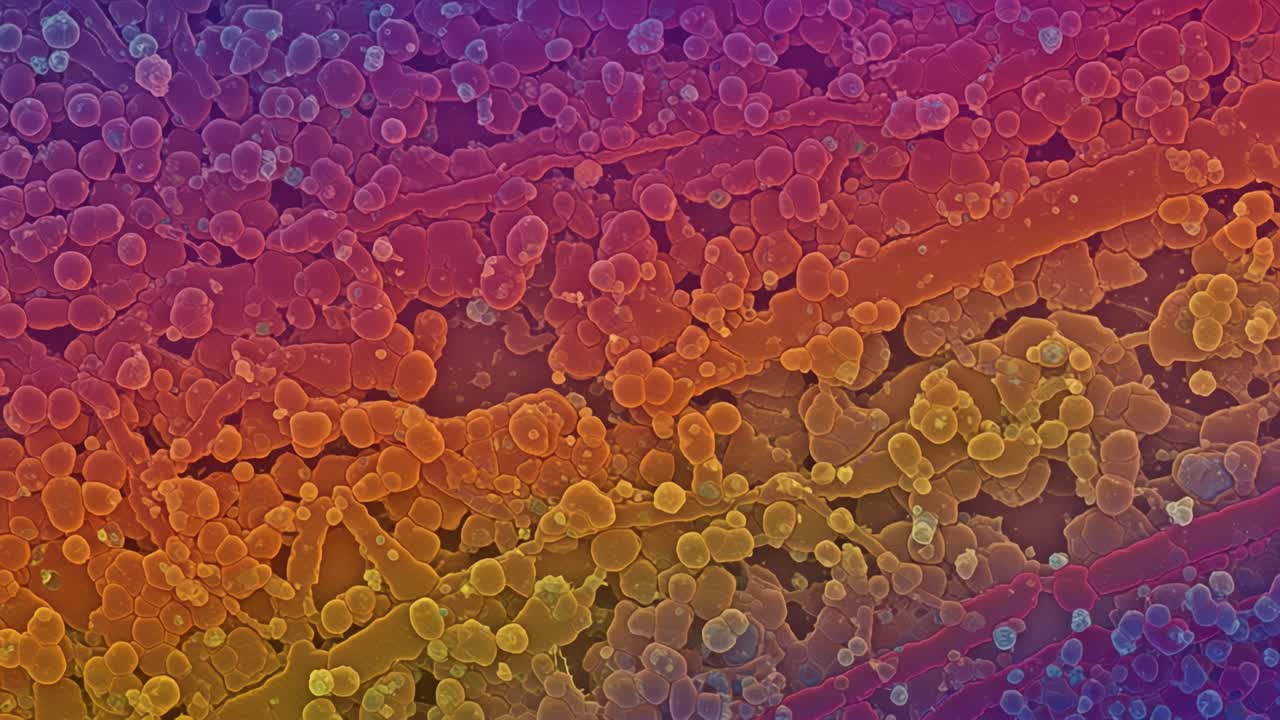 Vibrant Microscopic View: Stunning Patterns of Multicolored Organic Structures Captured in Two Frames Showcasing Their Intricate Details and Textures