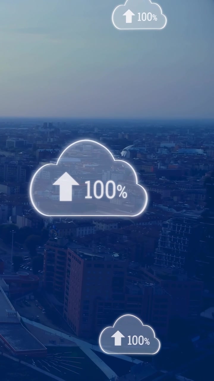 Vertical video: Cloud icons fading in and updating percentages over city for up-arrow sync progress