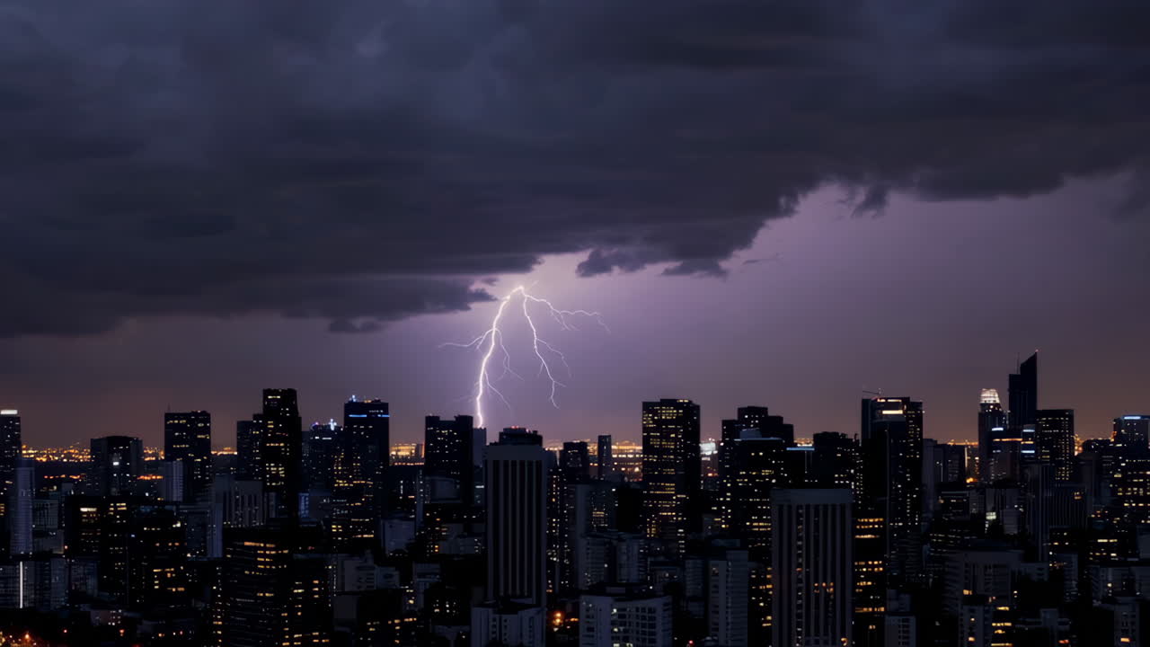 City Lightning Storm at Night