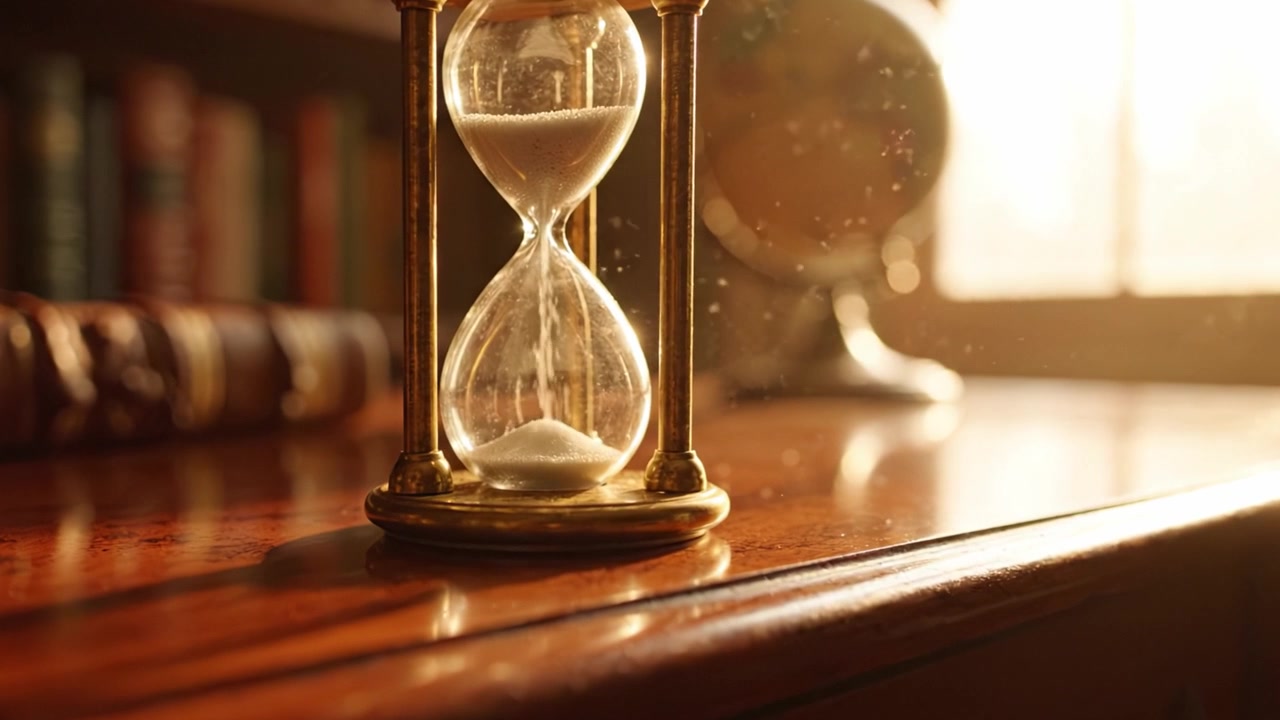 Un'elegante clessidra illuminata da una luce calda, che simboleggia il passare del tempo in uno studio classico con libri e un mappamondo sullo sfondo.