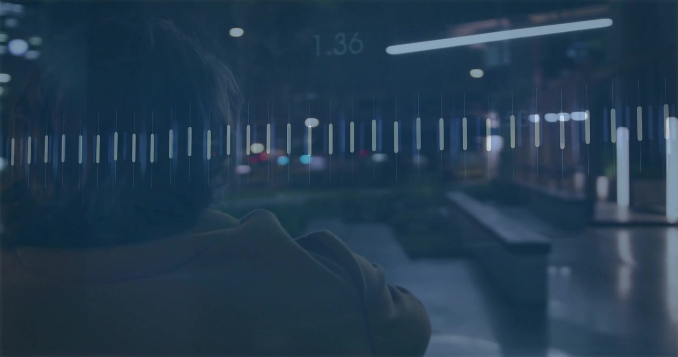 man scrolling smartphone initiating audio technology waveform for monitoring urban platform sounds