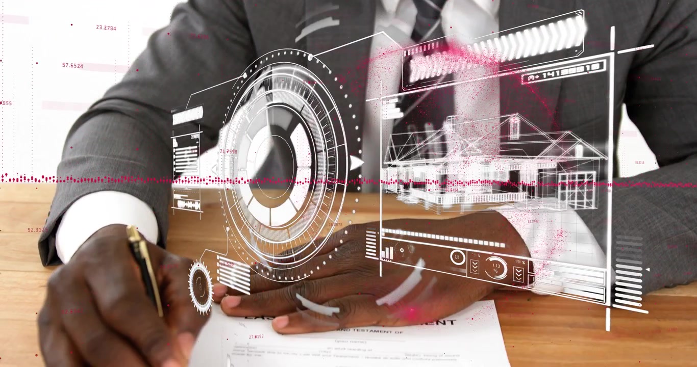 Man placing pen on paper and signing contract, causing HUD expanding into house schematic overlay