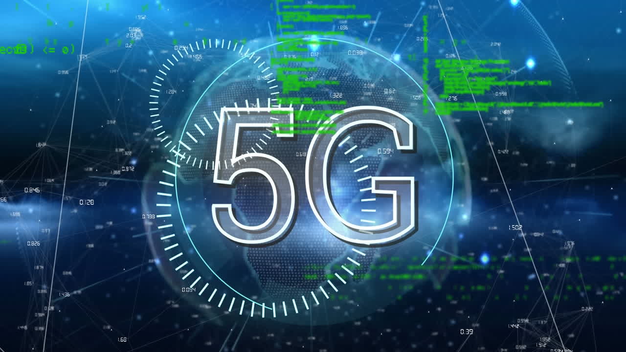 5g 텍스트를 원으로, 컴퓨터 언어를 전 세계 숫자 위에, 추상적인 배경으로 애니메이션화합니다.