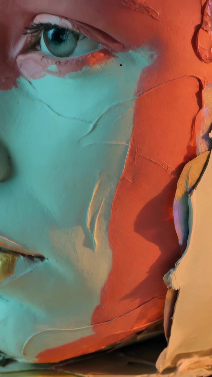 Vertikales Video: Bewegte Kamera enthüllt ein Atelier für Skulpturenköpfe mit rissiger Farbe und goldenen Lippen zu Studienzwecken.