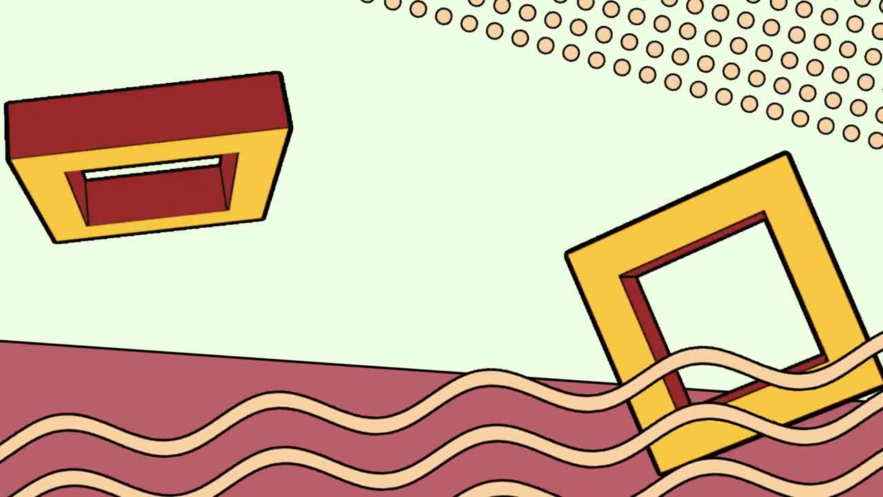Animation of rotating square shapes over wave pattern and dots against white and pink background