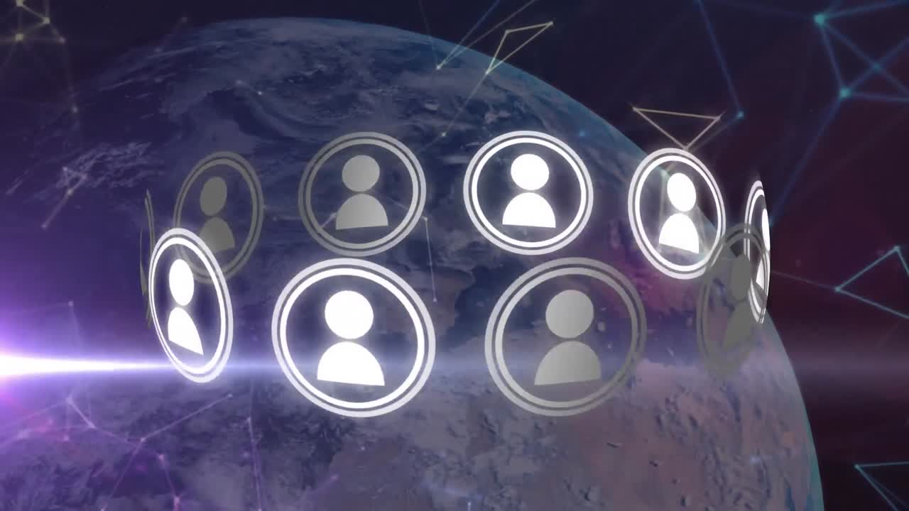 анимация глобуса, цифровых иконок и обработка данных на экранах