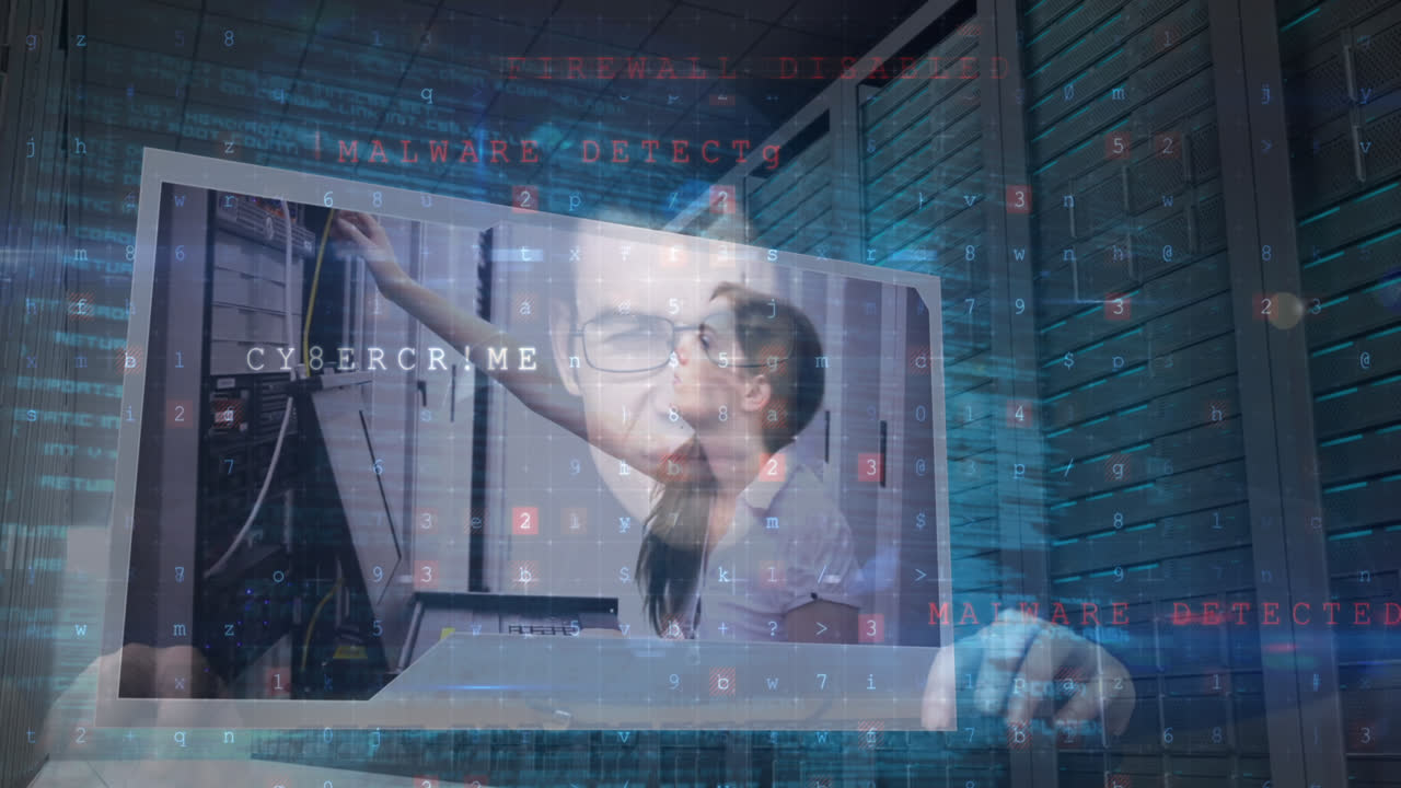 animación de advertencias de seguridad digital, a través de hackers que utilizan computadoras, salas de servidores y procesamiento de datos