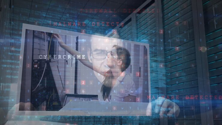 Animation of digital security warnings, over hacker using computer, server room and data processing
