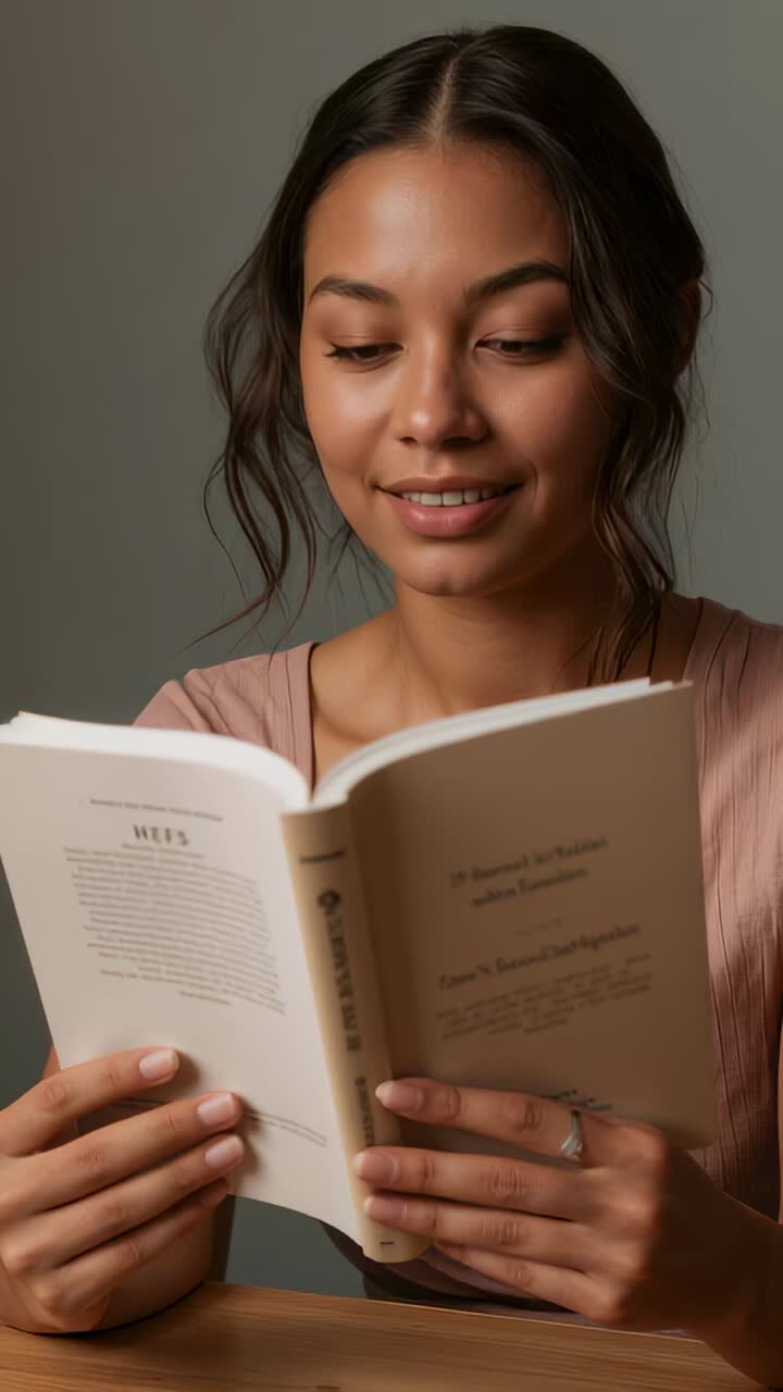 Vertical video: Adjusting book, woman flipping pages and reading at table to study in pink top