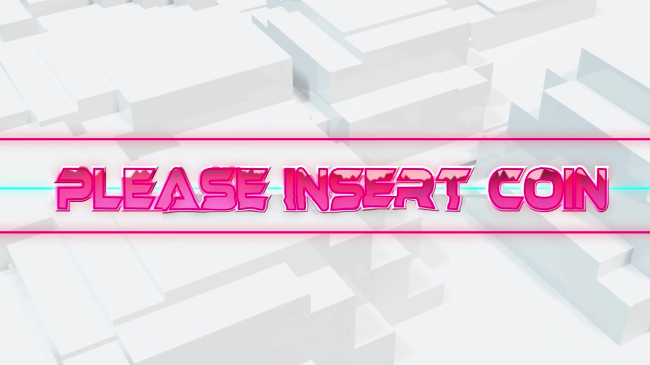 Animation of please insert coin text over moving shapes on white background