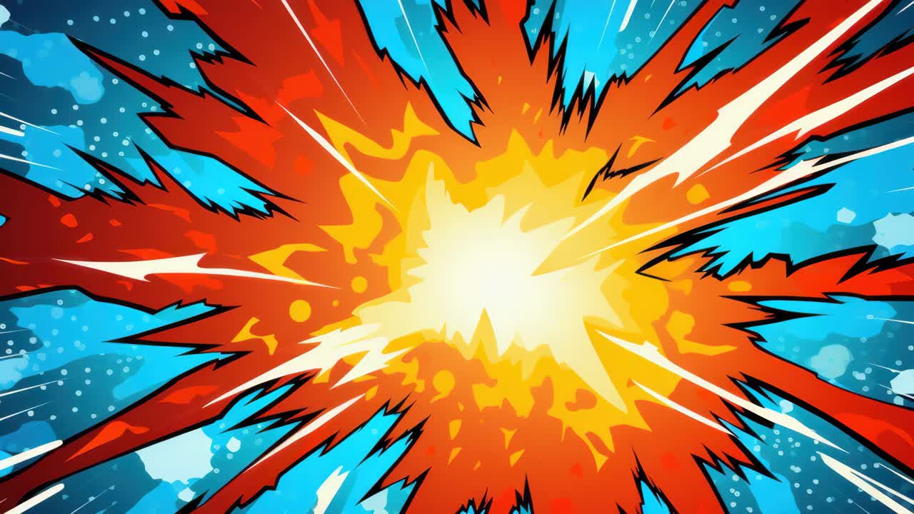 Dynamic comic-style explosion with vibrant red, yellow, and blue colors