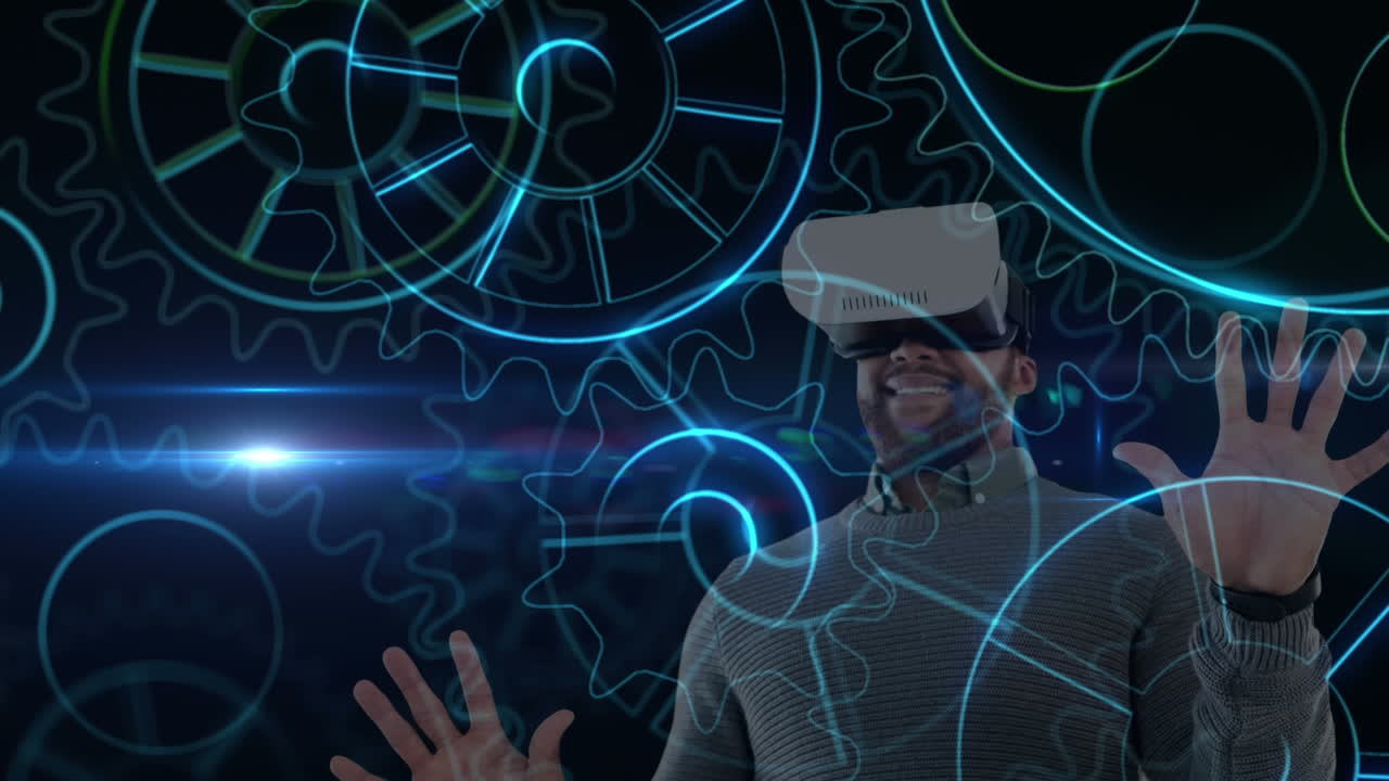 usando auriculares de realidad virtual, hombre interactuando con animación de engranajes digitales