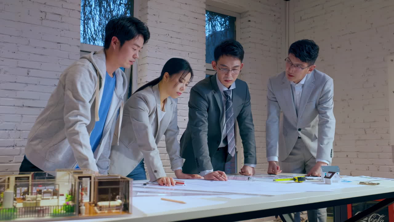 Discussion corporate architecture teamwork reviewing blueprints project, floor plan engineering construction office. Business diversity professional worker group collaboration meeting for drawing idea