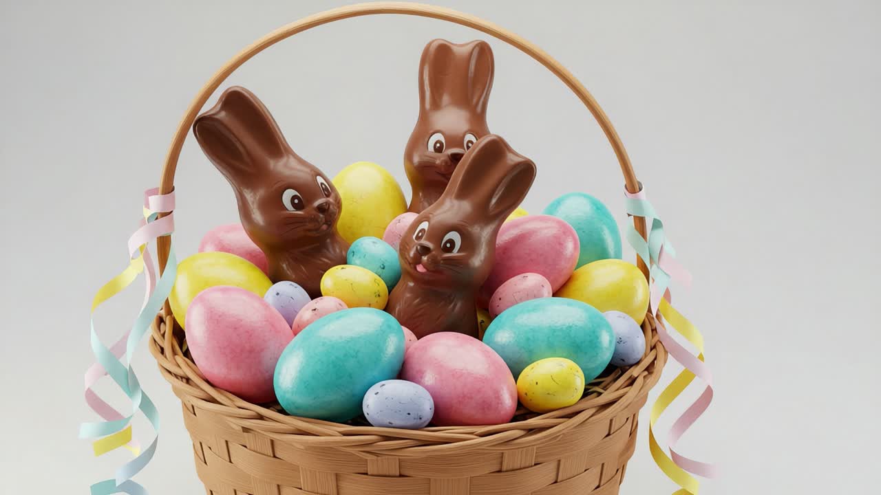 Uma cesta de Páscoa colorida repleta de coelhinhos de chocolate e ovos coloridos vibrantes, perfeita para celebrar a alegre temporada de feriados da primavera