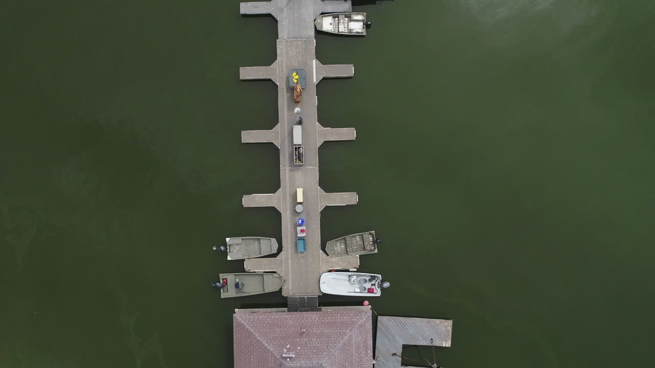 AERIAL: Overhead Drone Shot of Dock on a Green Lake