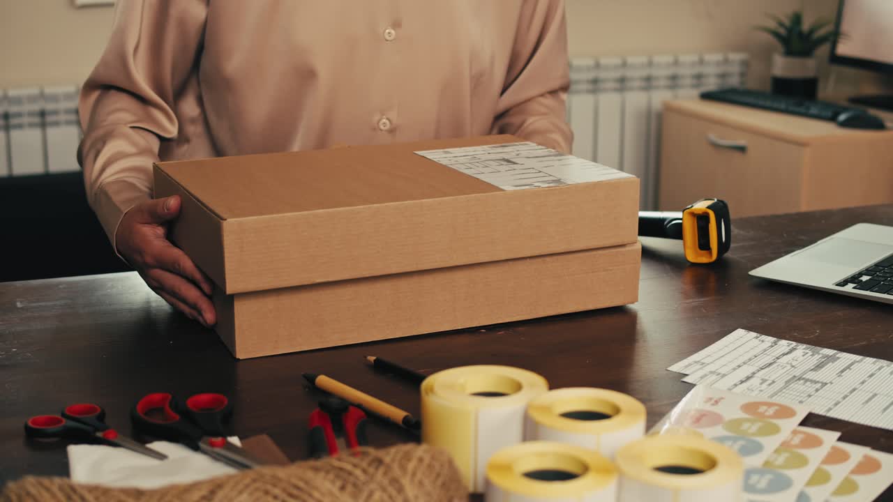 E-commerce storage shop, woman packing goods and clothes for second hand delivery market, dedicated Packaging and Shipping Workspace with Supplies and Technology for efficiency, online sales.