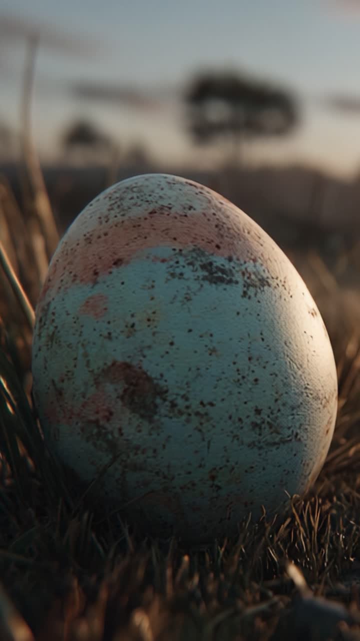 A Beautifully Textured Egg Resting Among Grass in a Serene Natural Landscape, Captured in Soft Light During Golden Hour for a Tranquil Scene