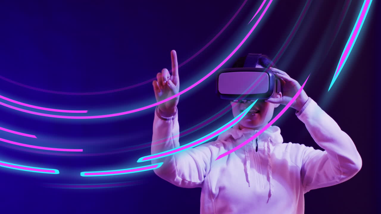 Animation of glowing light trails of data transfer and asian woman in vr headset