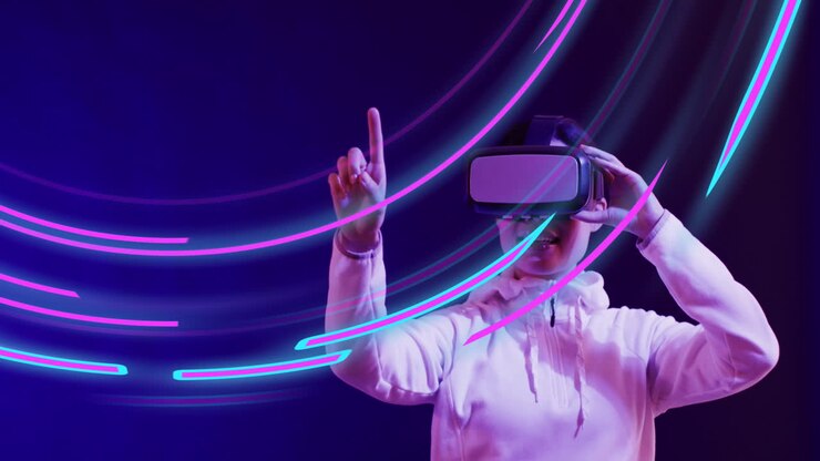 Animazione di scie luminose di trasferimento dati e donna asiatica con visore VR