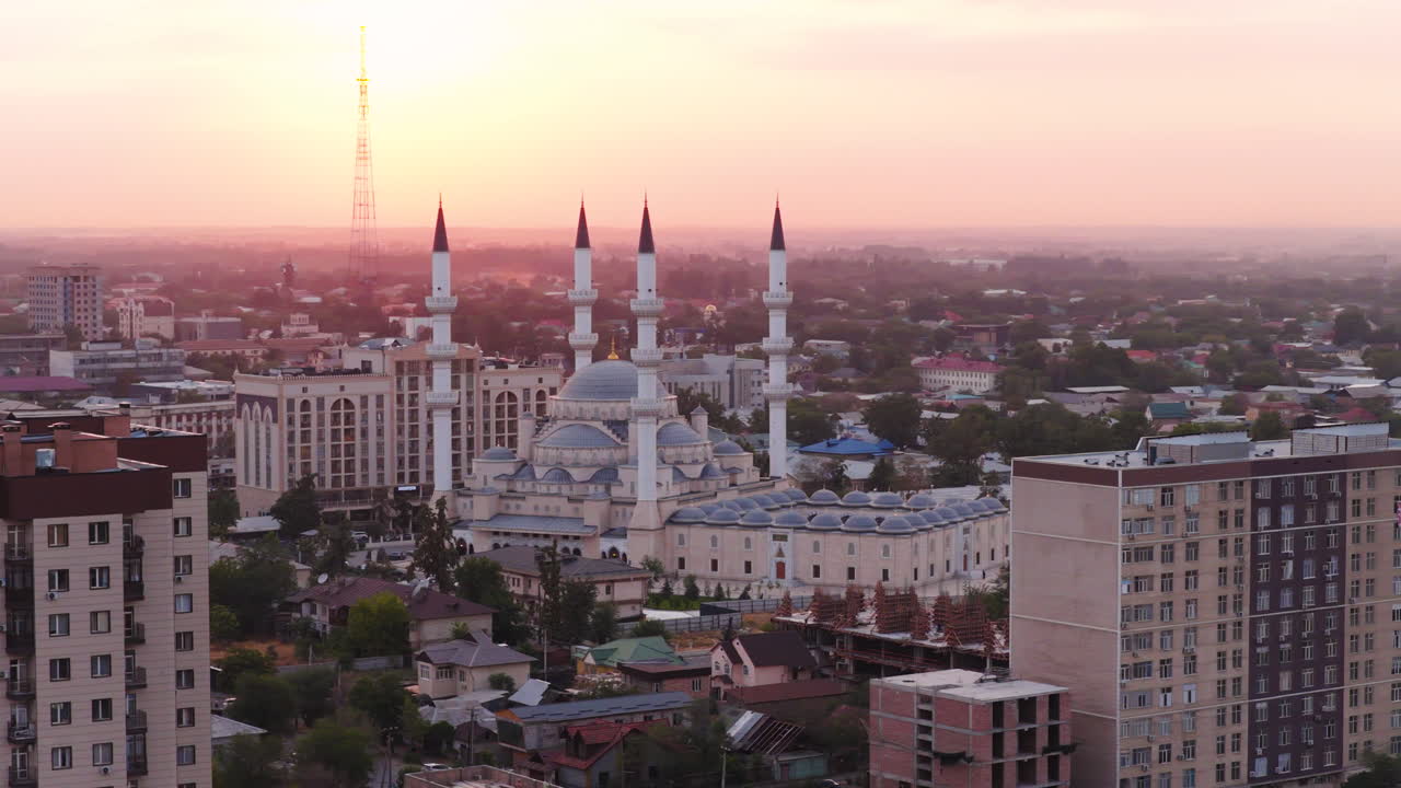 Bishkek Central Mosque And Cityscape At Sunset In Kyrgyzstan, Central Asia. Aerial Drone Shot