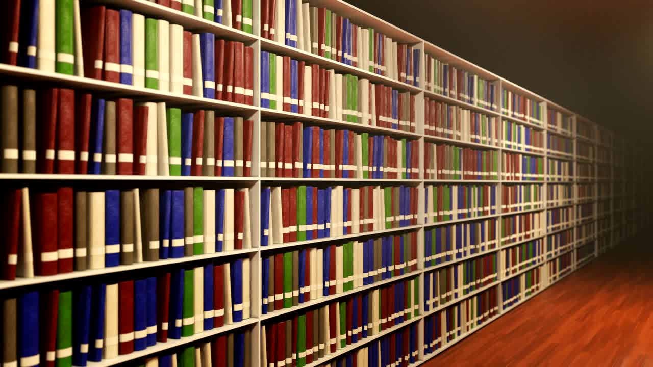 moviéndose a lo largo de la estantería con muchos libros diferentes en cada estantería