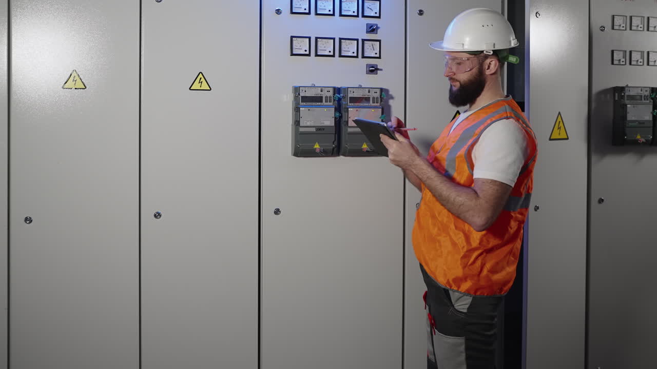 técnico eléctrico inspeccionando el panel de control