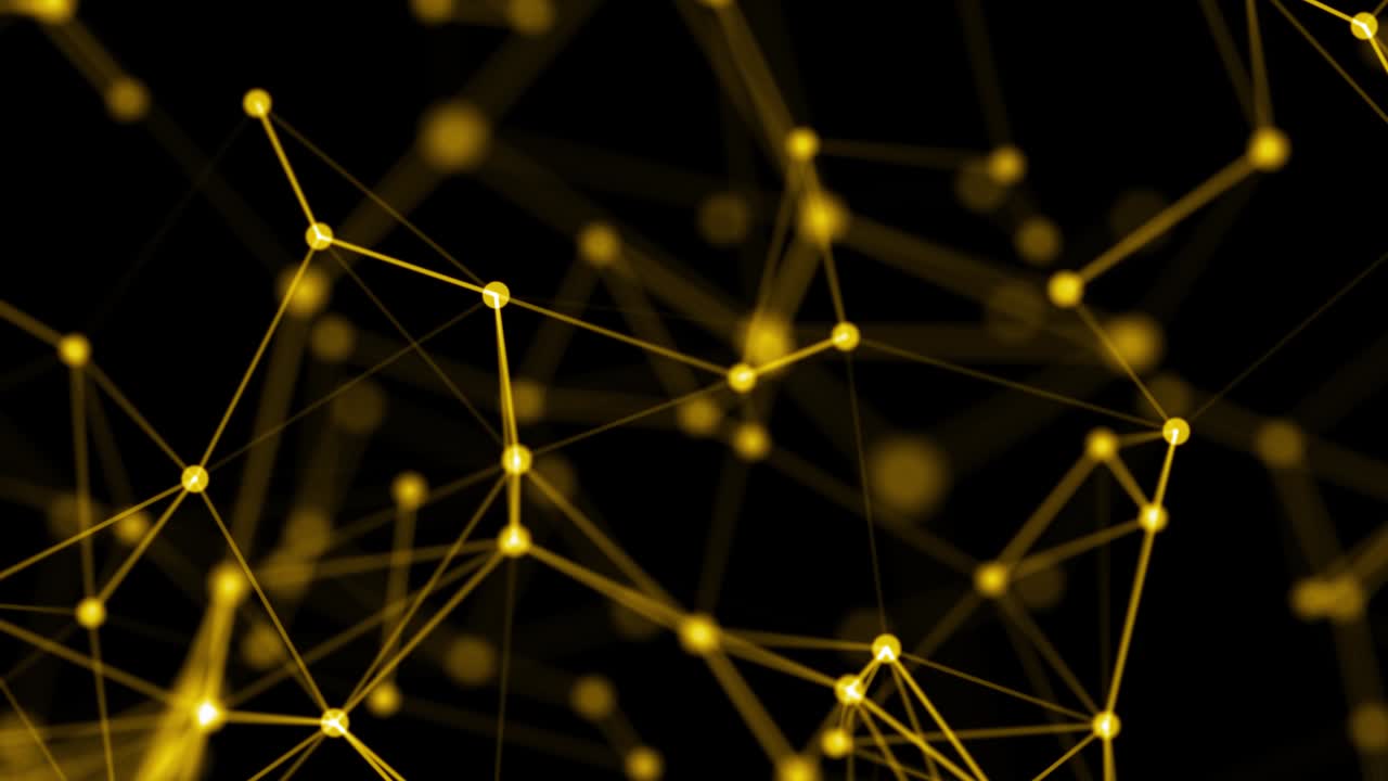 3d animation of abstract yellow plexus shapes on black background. Continuously moving dots and connected lines. 60FPS