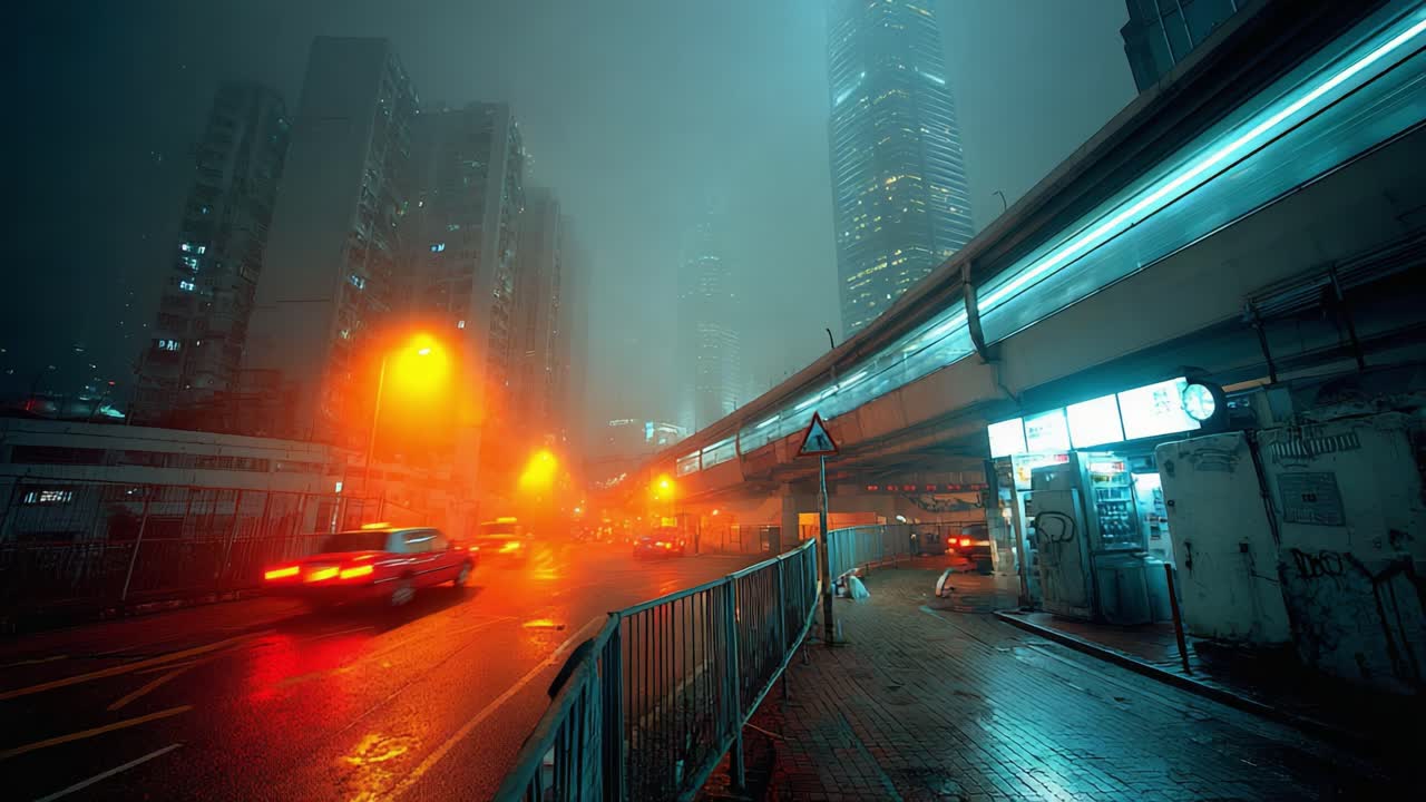 A Haunting Urban Scene: A Gloomy Street Glimpses through Foggy Mist, Cars and Neon Lights Create an Atmospheric and Mysterious Ambiance in a Metropolis