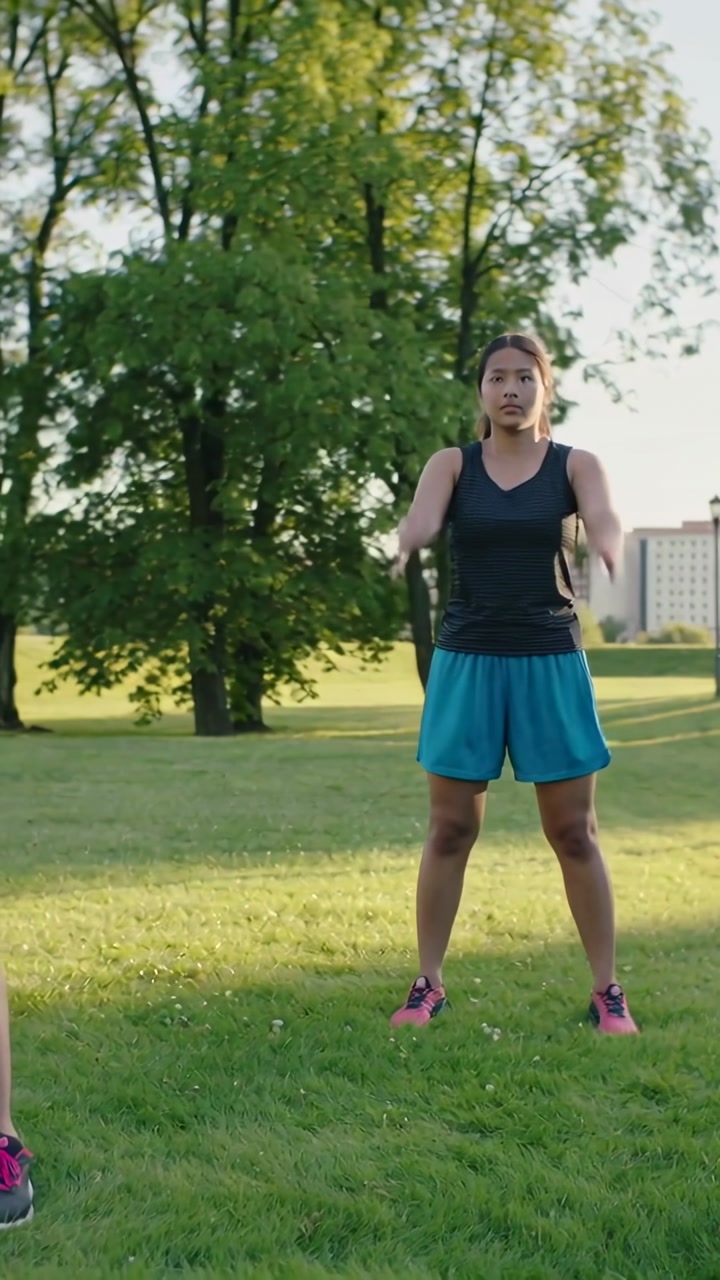 Vertical video: Extending arms fit woman warming up in park lowering repeating wearing sportswear