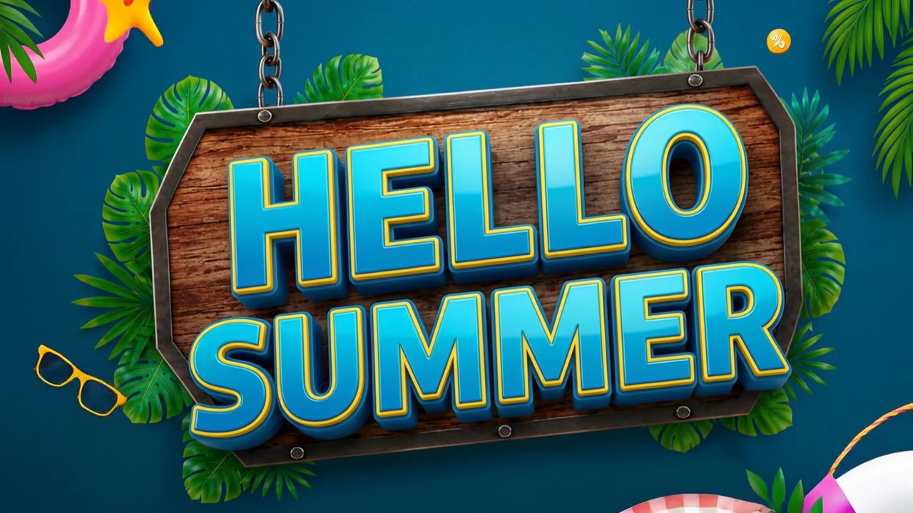 Hello Summer Animated Sign with Tropical Beach Elements
