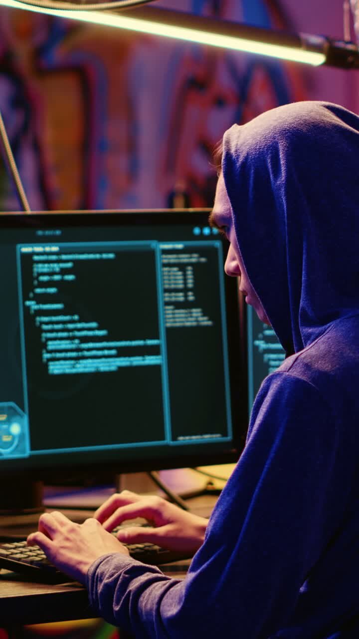 Hacker di video verticali in rifugio dipinto con graffiti