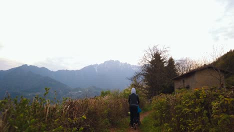 rear view of mother with stroller walking in a mountain path
