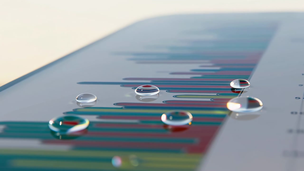 Clear droplets remain scattered over multicolored graph bars as subtle camera movement shifts the composition, revealing crisp reflections against softly blurred paper and bright light.