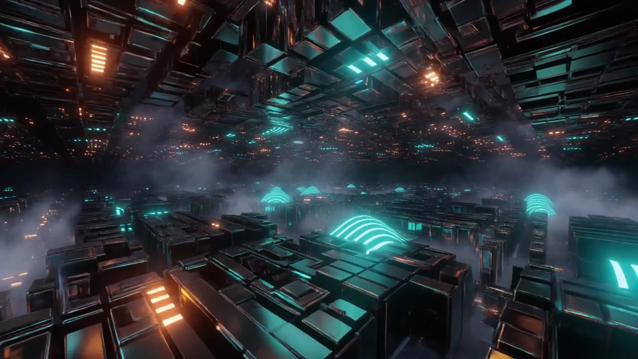 Futuristic Sci-Fi Cityscape with Glowing Neon Lights and Fog