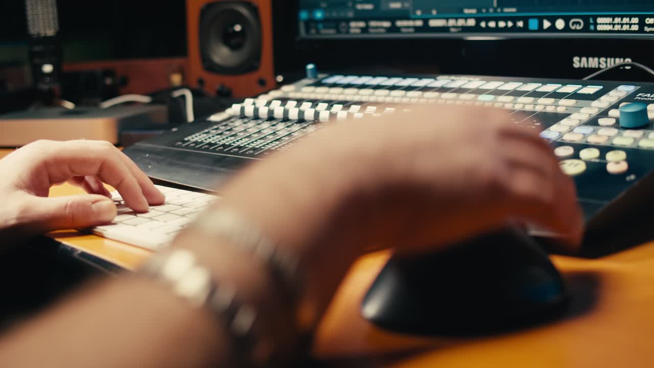 스튜디오에서 음악을 만드는 사운드 엔지니어, 라디오 방송 스튜디오에서 일하는 아시아 인기 dj 또는 녹음 스튜디오, 리허설, 오디오 프로덕션에서 일하는 음악 프로듀서.