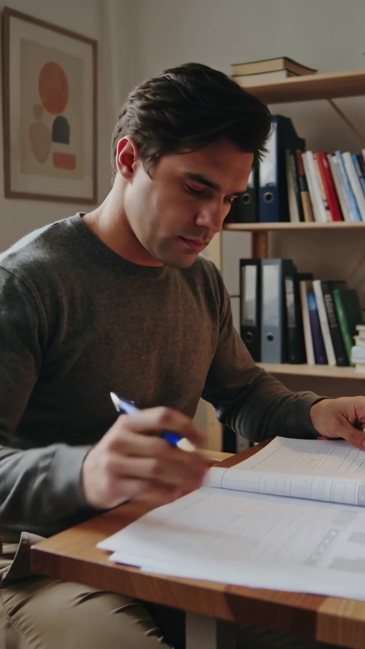 Vertikal video: En mann i grå genser blar i papirer med en blå penn, gjennomgår og signerer skjemaer i et arbeidsrom.