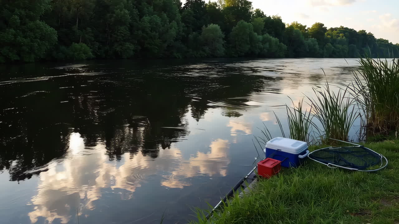 Fishing at the Riverbank at Sunset