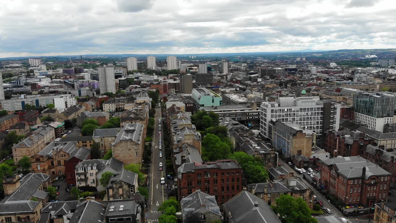 Panoramic aerial 4k view of Glasgow, Scotland, UK cityscape living neighbourhood in west end