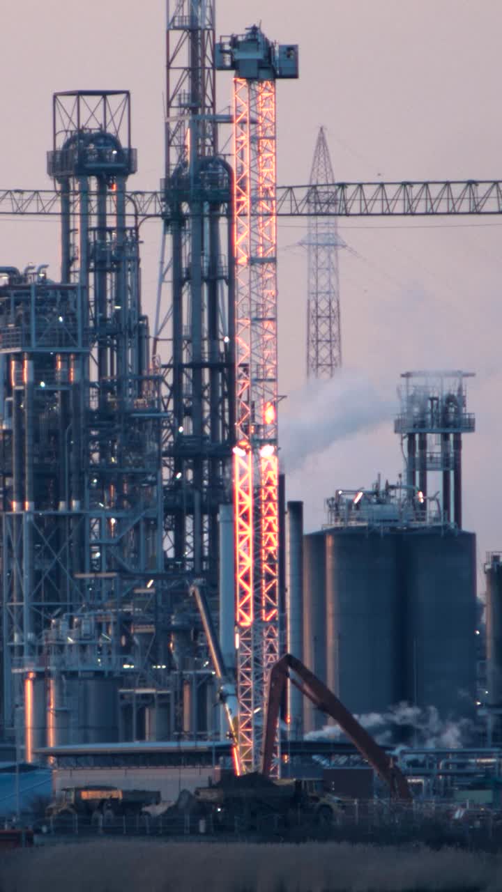 Refinery chimneys and cranes emitting heavy smoke during panning movement