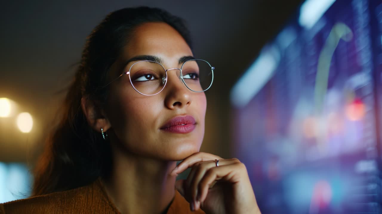 A thoughtful young woman with glasses ponders insights from her digital workspace, reflecting on complex data visualizations as she contemplates strategies for informed decision-making