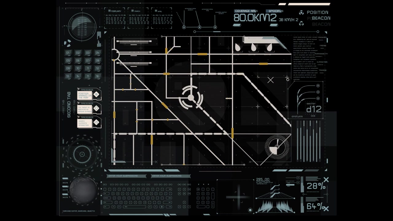 Animated Futuristic HUD Interface with Data and Map Graphics